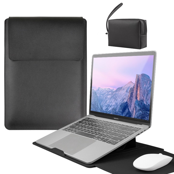 Husa Laptop cu suport pliabil, 13-14 inch cu MacBook Air, MacBook Pro, Piele Ecologica, Marime Universala, 33.5x25.3cm, Negru