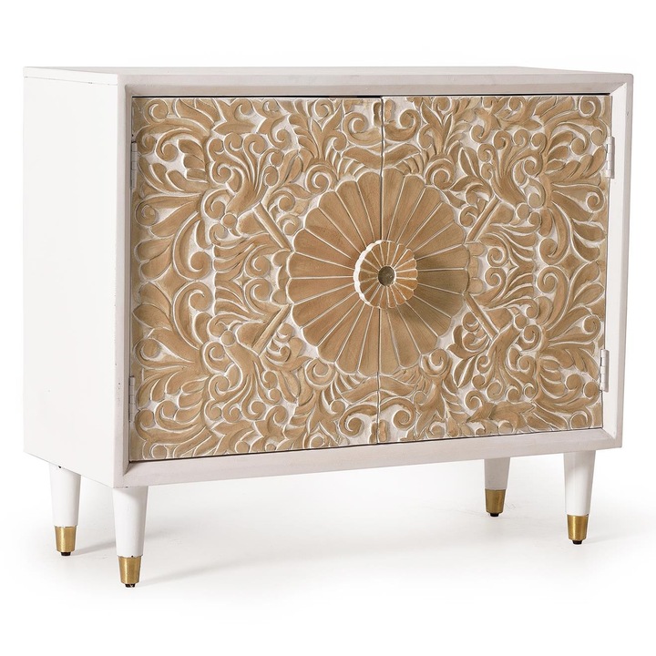 Comoda 2 usi GINER Y COLOMER, lemn de mango alb, detalii sculptate, 77x90x35cm