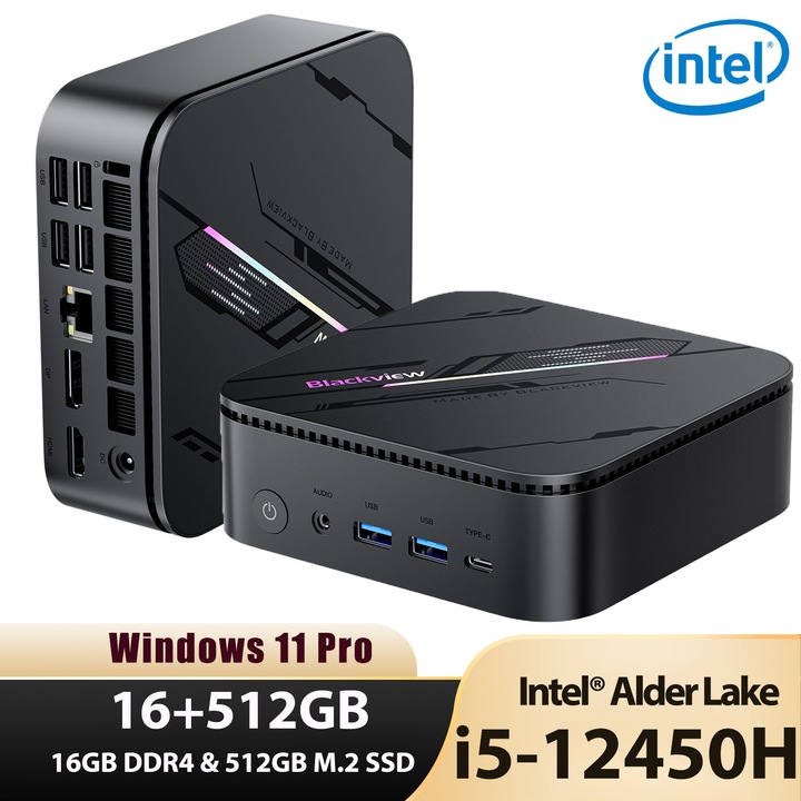 Mini PC Blackview MP100 Pro, Intel Alder Lake i5-12450H 16GB+512GB SSD, WiFi 6, Windows 11 Pro, Mini PC Gaming, Calculator Desktop Mini, 4K UHD/USB 3.2/Bluetooth 5.2/Port Type-C