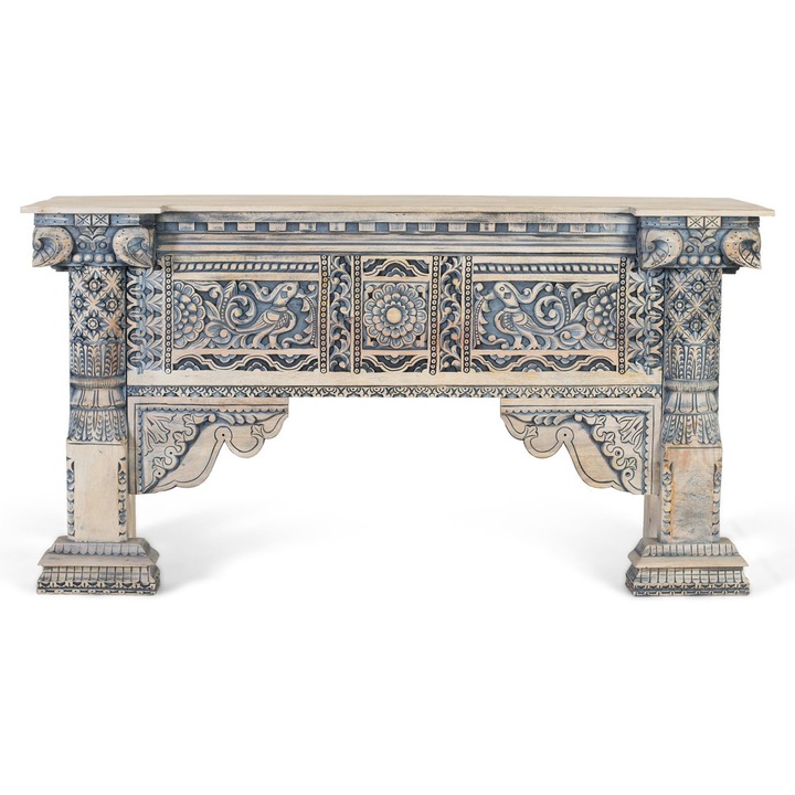 Consola mobilier GINER Y COLOMER, lemn de mango, sculptat manual, alb spalat, 12x1.5cm