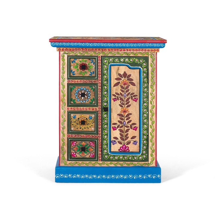 Comoda GINER Y COLOMER din lemn de mango, 4 sertare, usa, decor floral, 12x15cm