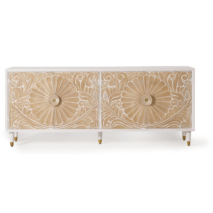 Bufet 4 usi, GINER Y COLOMER, lemn de mango, alb, 80x180x40cm