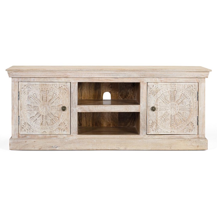 Comoda TV GINER Y COLOMER, 2 usi, 2 compartimente, lemn de mango, culoare nisip, 39x39cm