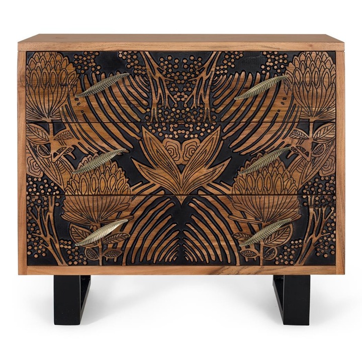 Comoda GINER Y COLOMER din lemn de acacia cu 3 sertare, combinatie de tonuri naturale si negru, 83x93x40cm