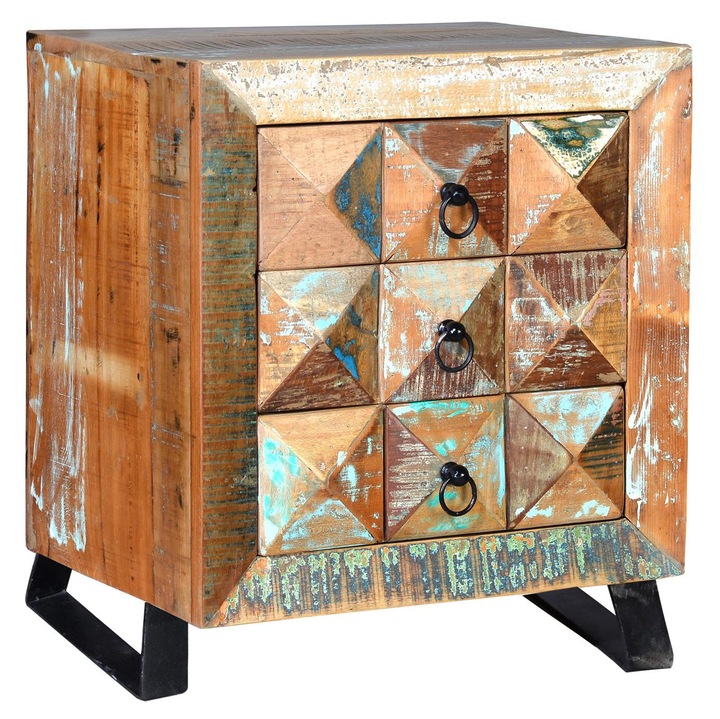 Маса с 3 чекмеджета, GINER Y COLOMER, изработена от рециклирана дървесина, многоцветна, 60x50x40см