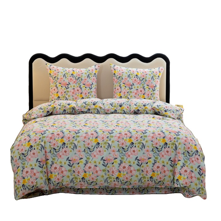 Set de lenjerie de pat cu doua fete 220x200 turcoaz deschis cu flori mici