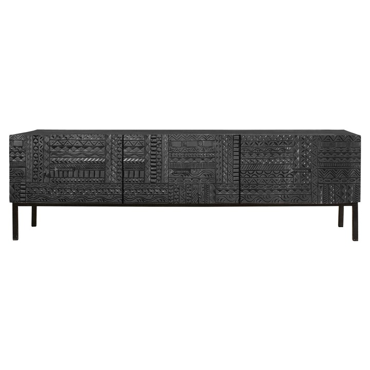 Comoda TV GINER Y COLOMER, lemn de mango, 3 sertare, negru, 55x180x40cm