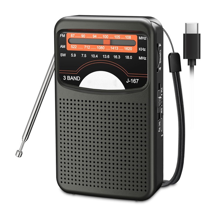 Преносимо радио, BOMSTOM, AM/FM, с акумулаторна батерия, отличен прием, USB-C зареждане, поддръжка на жак за слушалки, идеално за възрастни хора, черно