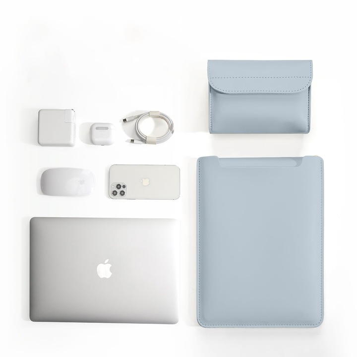 Husa Laptop, 13-14 inch piele PU premium compatibila cu MacBook Air, MacBook Pro, Piele Ecologica, Marime Universala, 34.5x25.3cm, Albastru