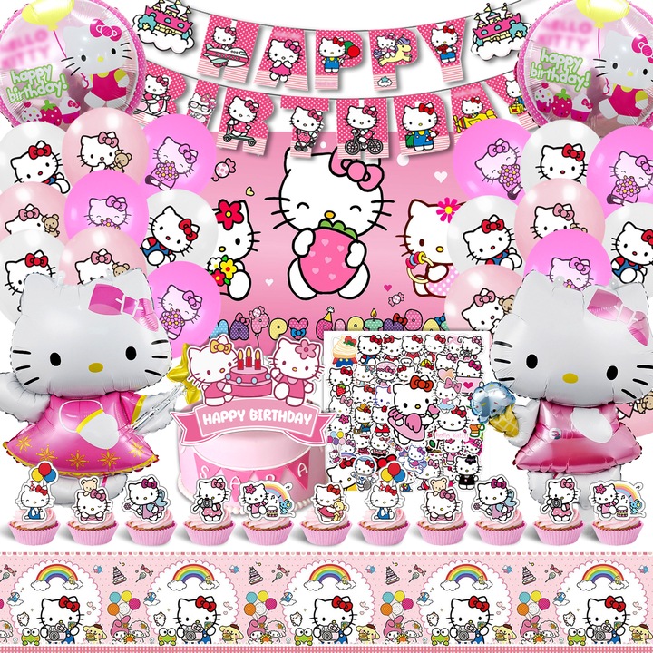 Set baloane pentru petrecere Hello Kitty, baloane din folie de aluminiu Hello Kitty, baloane din latex kitty, decoratiuni aniversare kitty, fundal, decoratiuni pentru tort, banner, stickere, Roz