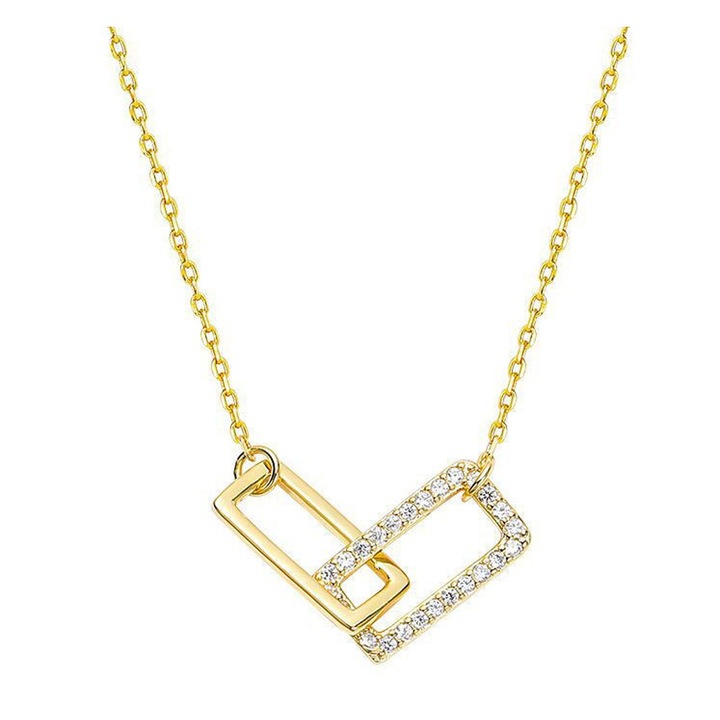 Colier cu Pandantiv Dublu Dreptunghi Imbricat din Argint 925 Sterling Placat cu Aur Galben & Zirconiu Cubic - Bijuterie Delicata Cadou in Cutie pentru Ziua Indragostitilor/Aniversare/Ziua Mamei