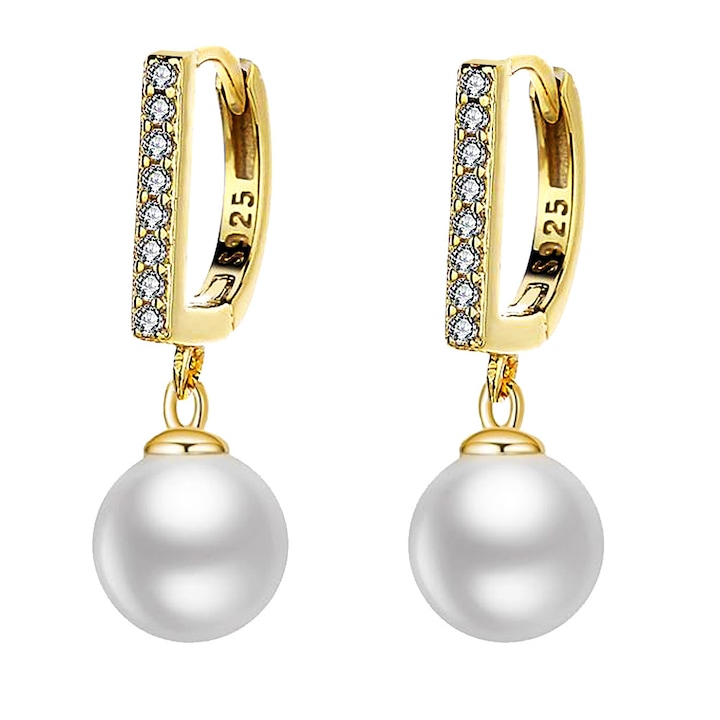 Cerceleni cu Perle din Scoica & Zirconiu Cubic, Argint 925 Sterling Placat cu Aur Galben - Pendant ATARNAT Hipoalergenic, Cadou Elegant in Cutie (Ziua Mamei/Nunta/Aniversare)