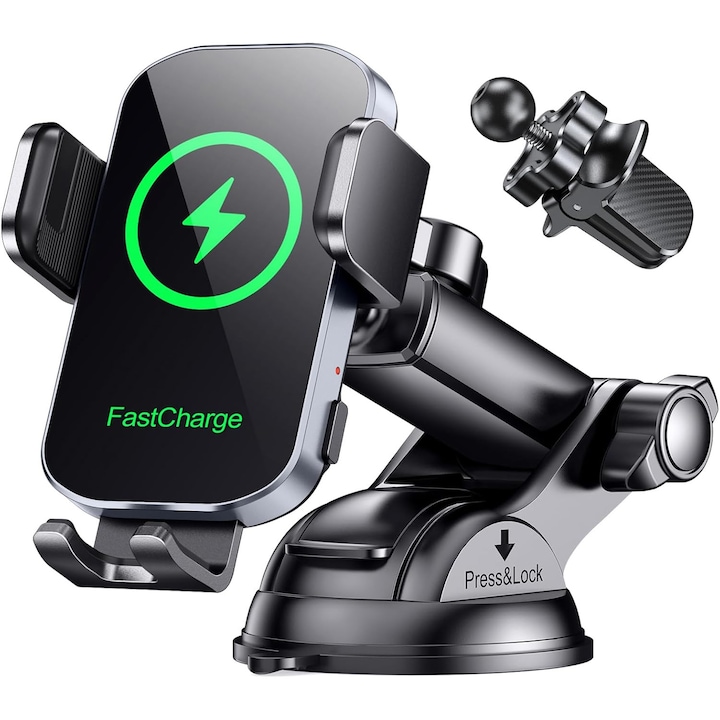 Suport telefon pentru incarcare fara fir, Incarcare rapida Wireless 15 W, ideal pentru Bord, Parbriz, Grila Ventilatie, Reglare 360 grade, Universal