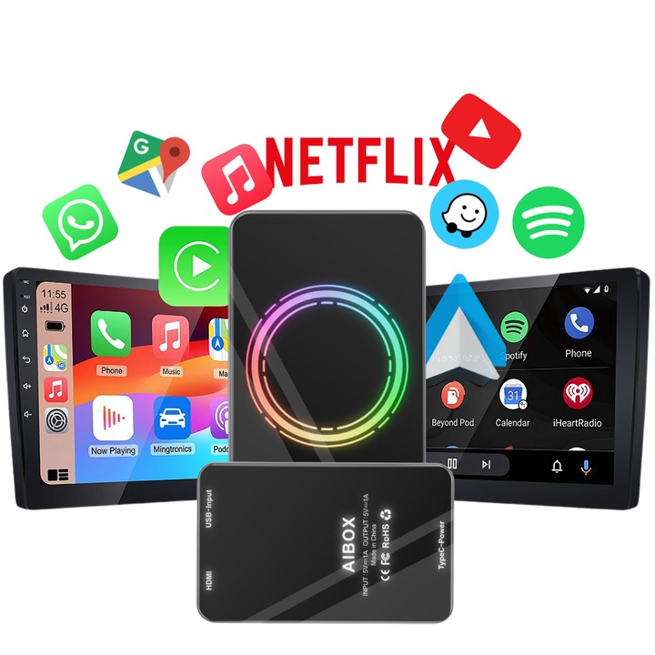 Vezeték nélküli CarPlay és Android Auto adapter, AI Smart BOX Android 13 LUVLU, Integrált Android rendszer 4 GB RAM + 32 GB ROM, Youtube videó streaming, Netflix és Google Play alkalmazások, HDMI port, Plug & Play, Wifi 6 + BT 5.4