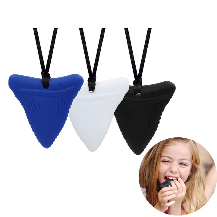 Set 3 Coliere Masticabile pentru Copii, TREXORA, Silicon Alimentar, 5.08x5.08x1 cm, Alb/Negru/Albastru