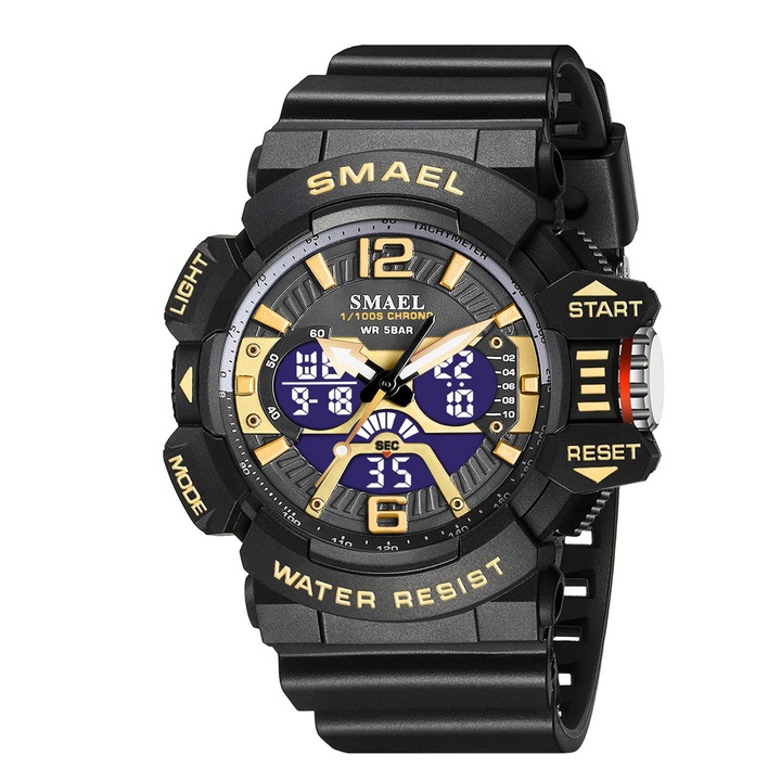 Ceas sportiv multifunctional pentru copii (model 8065), waterproof, cu display negru aur si iluminare pentru noapte - perfect pentru scoala si aventuri in natura
