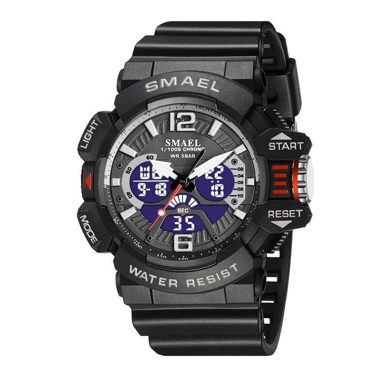 Ceas sportiv multifunctional pentru copii (model 8065), waterproof, cu display negru gri si iluminare pentru noapte - perfect pentru scoala si aventuri in natura