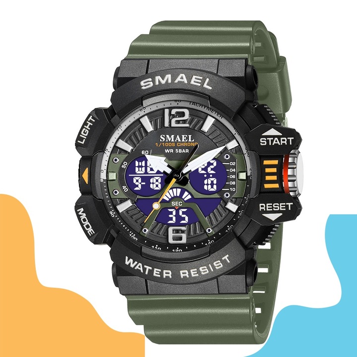 Ceas electronic sportiv pentru studenti, stil casual, rezistent la apa, ideal pentru drumetii si activitati in aer liber, cu afisaj analog si digital, in culoarea verde