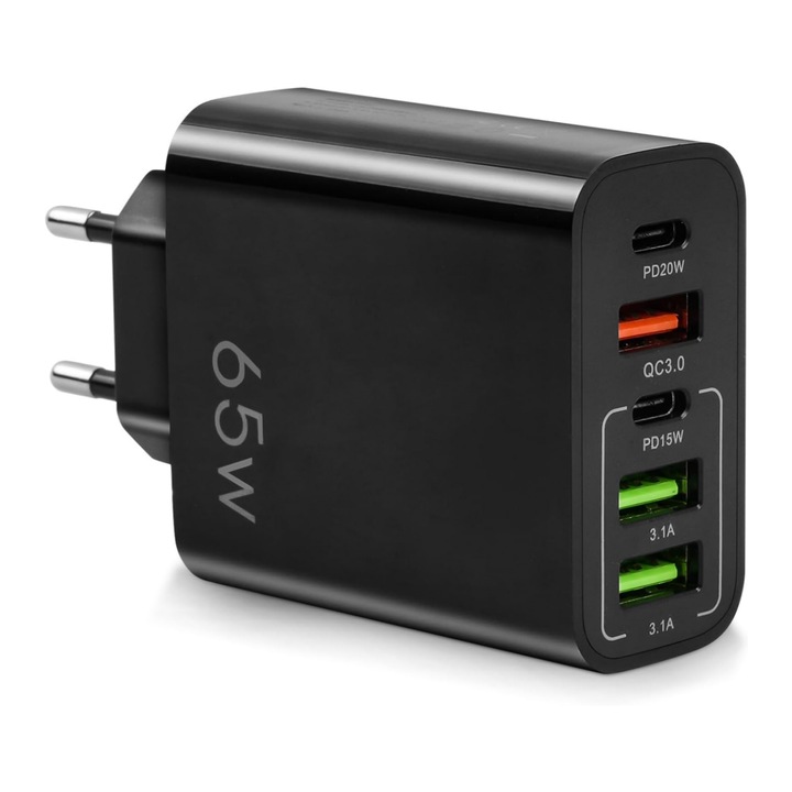 Hálózati töltő, 5 port, 65 W gyorstöltés, 3 x USB, 2 x Type-C, Univerzális Multiport, Kompatibilis telefonnal, okosórával, iPhone-nal, Huawei-val, Samsunggal, Xiaomi-val, Vanaxalife®-fel, Fekete