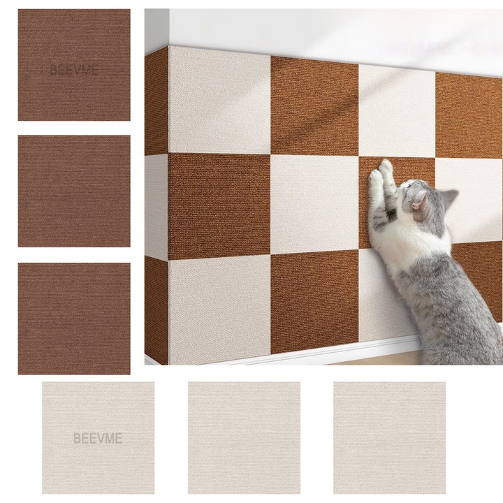 Öntapadós macskakaparó szőnyeg, 30x30cm, 6 db-os készlet, Bútorvédelem, Barkács vágás, Erős ragasztó, csúszásgátló, Bézs+Barna, BEEVME