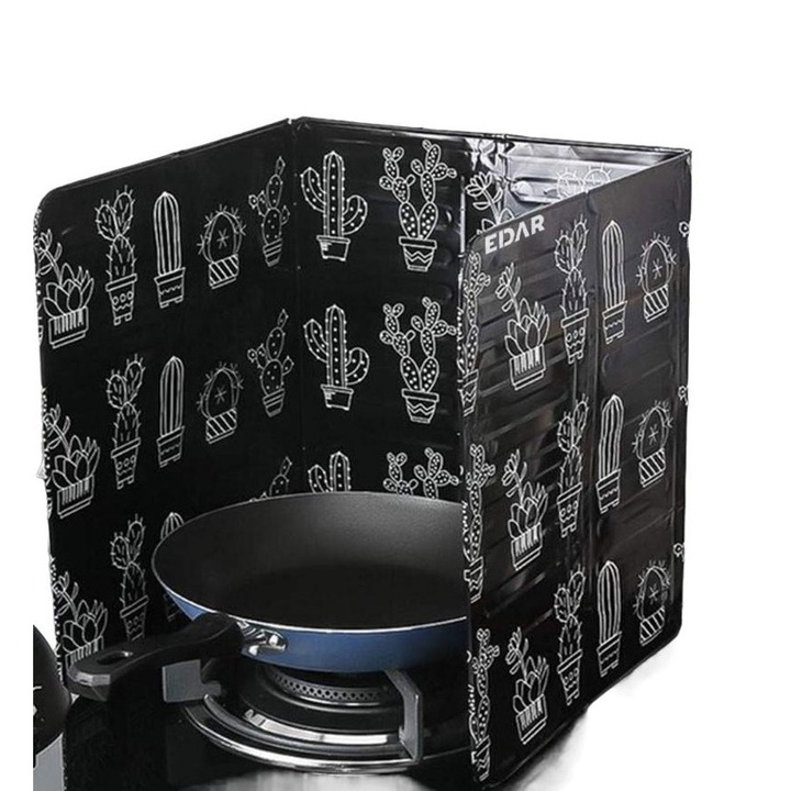 Protectie Impotriva Stropilor De Ulei Pentru Aragaz EDAR, Model Cactus, Din Aluminiu, Pliabila, Reutilizabila, Lavabila, Rezistenta La Temperaturi Ridicate, Negru