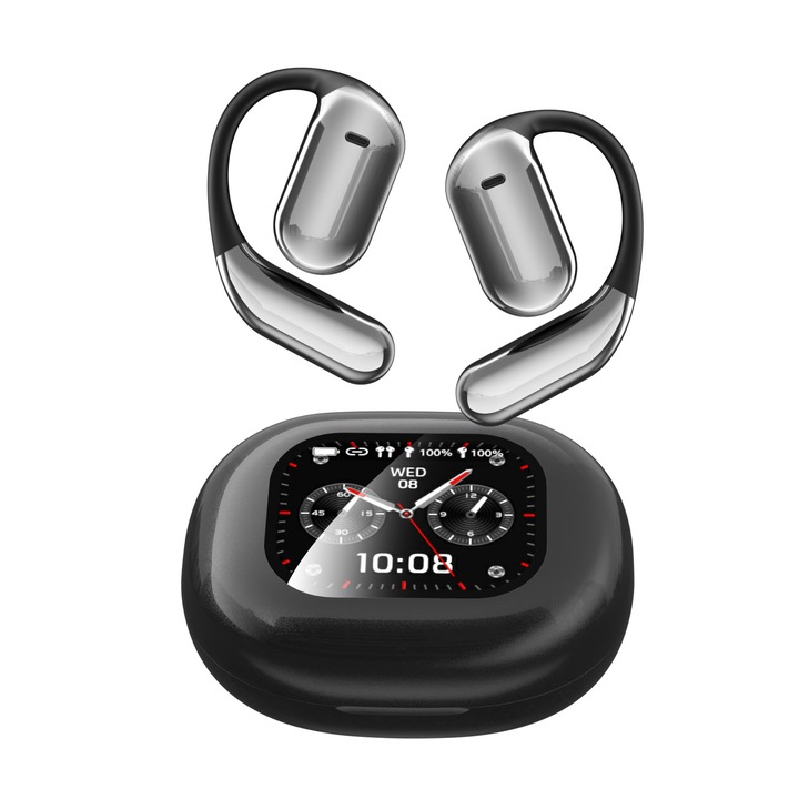 YYK-Q16PRO vezeték nélküli Bluetooth fülhallgató, AI fordítás, fülkampóval, OWS színes kijelzővel a tokon, fekete, 1 pár