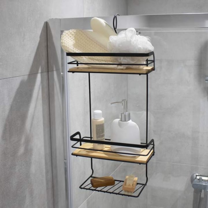 3-szintes fürdőszobai polc, zuhanypolc, Frandis, 26x11x55 cm, matt fekete fém, könnyen összeszerelhető, zuhanykabinra akasztható kampóval, 2 bambusz polc