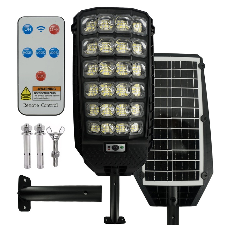 Соларна лампа за улица и градина, двор, 400W, 360 SMD светодиода, 5000 LM, вграден соларен панел, сензор за движение и здрач, дистанционно управление, 3 режима на осветление, водоустойчивост IP65, включено монтажно рамо