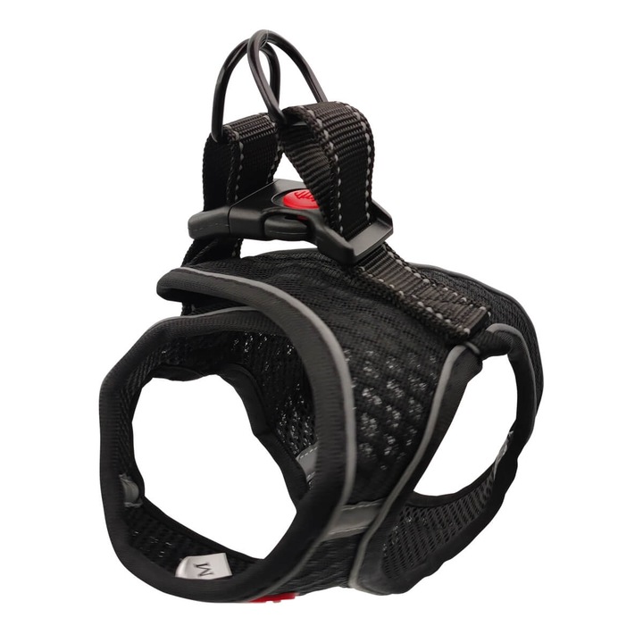 Ham vesta pentru caini de talie mica, Negru (circumferinta 34-40cm) PETRO, reflectorizant, ajustabil, catarama de siguranta, confort cu plasa respirabila, captuseala material moale