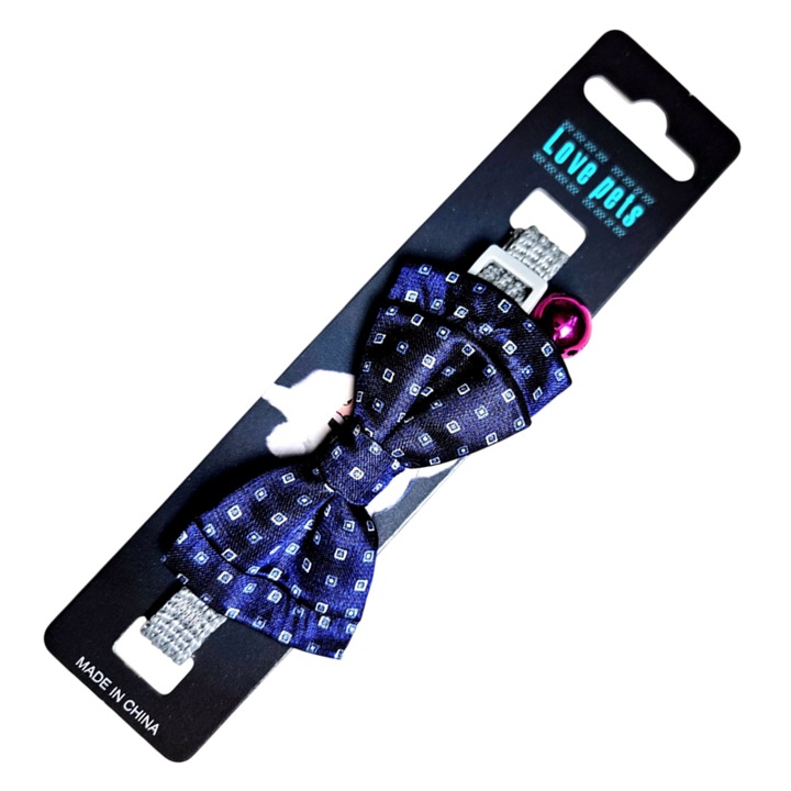 Zgarda ajustabila cu Papion pentru caini si pisici, cu clopotel, Albastru cu buline, Ropet