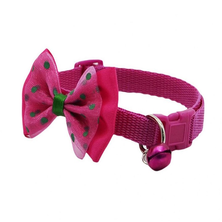 Zgarda ajustabila cu clopotel si fundita pentru caini, 27-42cm/15mm, Roz, Ropet