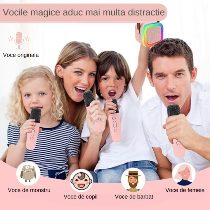 Set mini Karaoke cu Boxa Bluetooth si cu 2 Microfoane Wireless, Multi-Functionala, Efecte Magice de Schimbare Voce, Iluminare LED dinamica si Baterie de Lunga Durata, Perfecta pentru Copii si Adulti