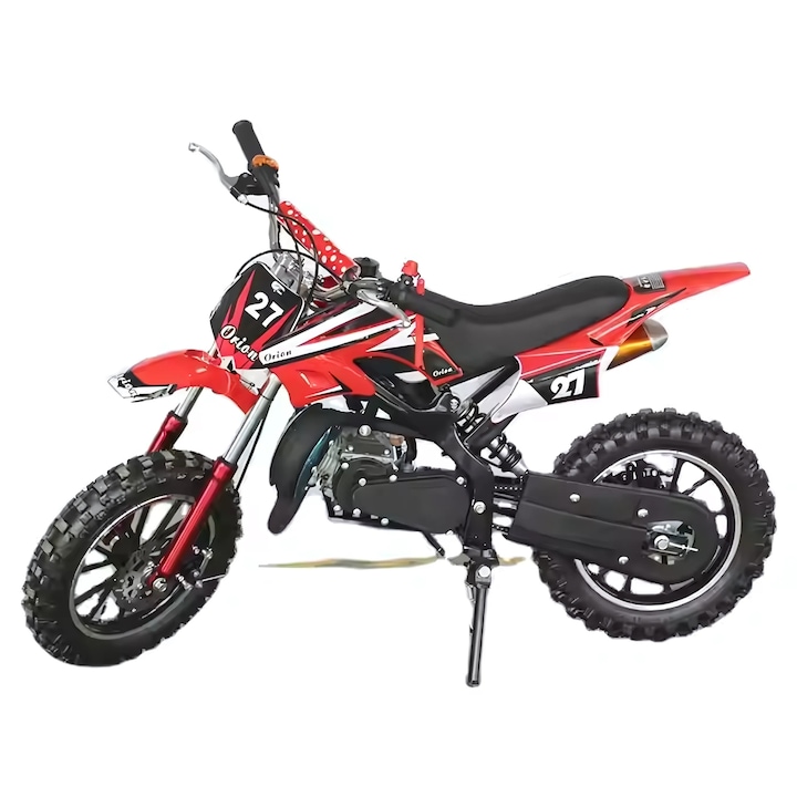 Motocicleta cross Promerco® pentru copii de 49cc, ideala pentru initierea in off-road si dezvoltarea abilitatilor de echilibru si coordonare, culoare rosu
