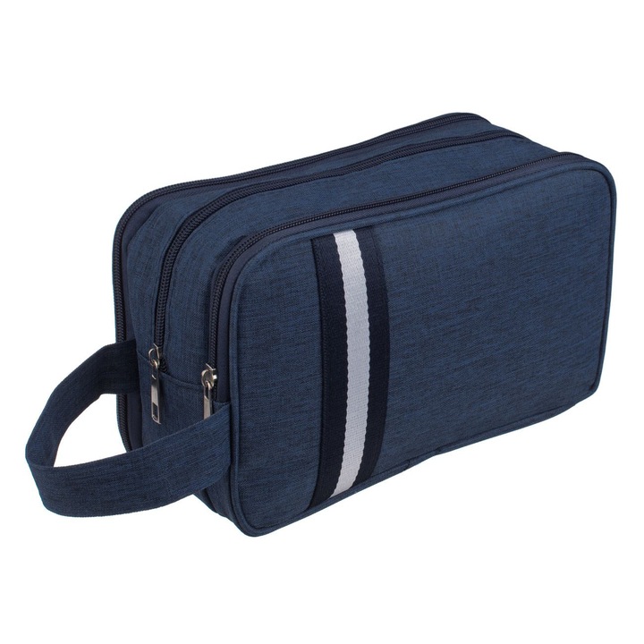 Мъжка козметична чанта, деним син с бяла ивица, 3 отделения, 25.5x10.5x15.5см