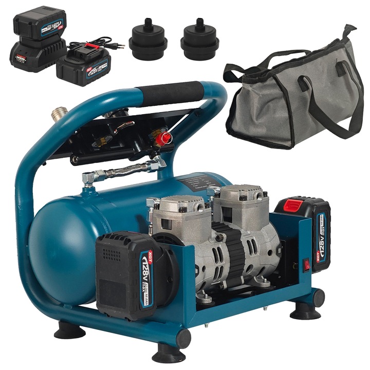 Compresor aer pe acumulator, Motor cu 2 pistoane, Rezervor 10 Lt, Presiune max 8 bar