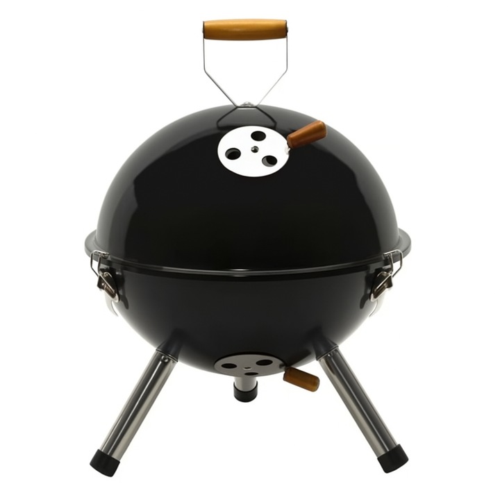 Gratar portabil pentru picnic, Solid cu picioare demontabile, metalic, 35cm, negru