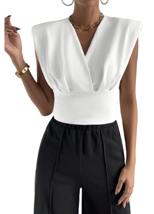 Bluza office eleganta, decolteu in V, talie inalta, accentuata, alba