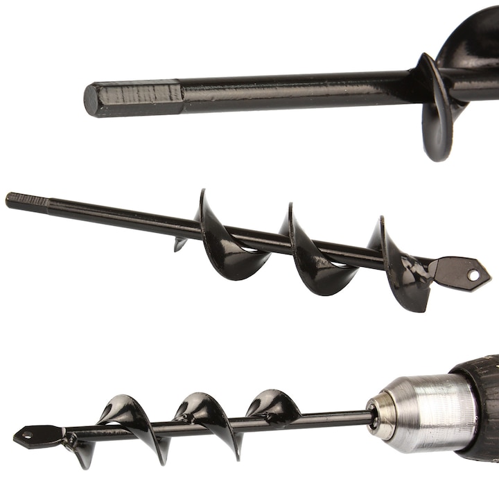 Burghiu Pentru Pamant, Marpol, Diametru 4 Cm Si Lungime 22 Cm, Se Potriveste Majoritatii Bormasinilor Si Surubelnitelor, Fabricat Din Otel Rezistent, Ideal Pentru Plantat Plante Si Lucrari In Gradina, Lungime 22 Cm, Lama De 2, 5 Mm, Negru