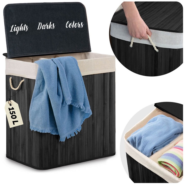 Cos de rufe din bambus, 3 compartimente, capacitate 150L, dimensiuni 61x62x42cm, natural