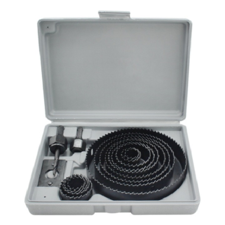 Set de 17 piese feronerie pentru gauri, 19-127mm, otel carbon, pentru lemn, Placoplatre, plastic, negru