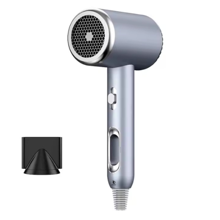 Професионален сешоар Daismart®️, 1600W с йонизационна технология, 3 температурни настройки, функция за студен въздух, ергономичен дизайн, Blue-Ray технология с отрицателни йони, 1.6 м кабел, сребрист цвят