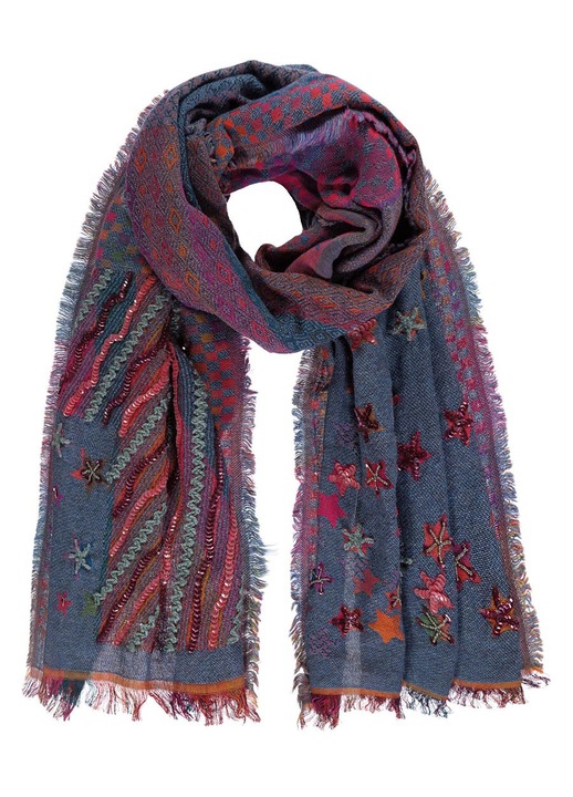 Sal dama Passigatti, cu stele brodate cu margele, 70x180cm, albastru