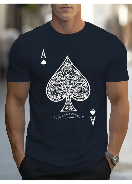 Мъжка ежедневна тениска, Luck and Strength, с обло деколте и къс ръкав, стандартна кройка, памук, тъмносин, 2XL