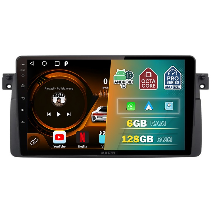 Navigatie BMW Seria 3 E46 (1998–2006) dedicata, MaxTech® PRO SERIES, 6 GB Ram 128 GB Rom OctaCore, Carplay & Android auto, Ecran 9” HD Touch, GPS, Wifi, Bluetooth, Radio, USB, EQ, DSP, Waze