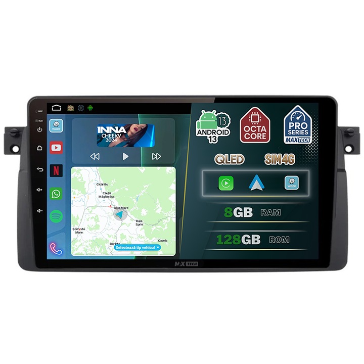 Navigatie BMW Seria 3 E46 (1998–2006) dedicata, MaxTech® PRO SERIES, 8 GB Ram 128 GB Rom OctaCore, Carplay & Android auto, Ecran 9” HD Touch, SIM 4G, GPS, Wifi, Bluetooth, Radio, EQ, Waze, Youtube