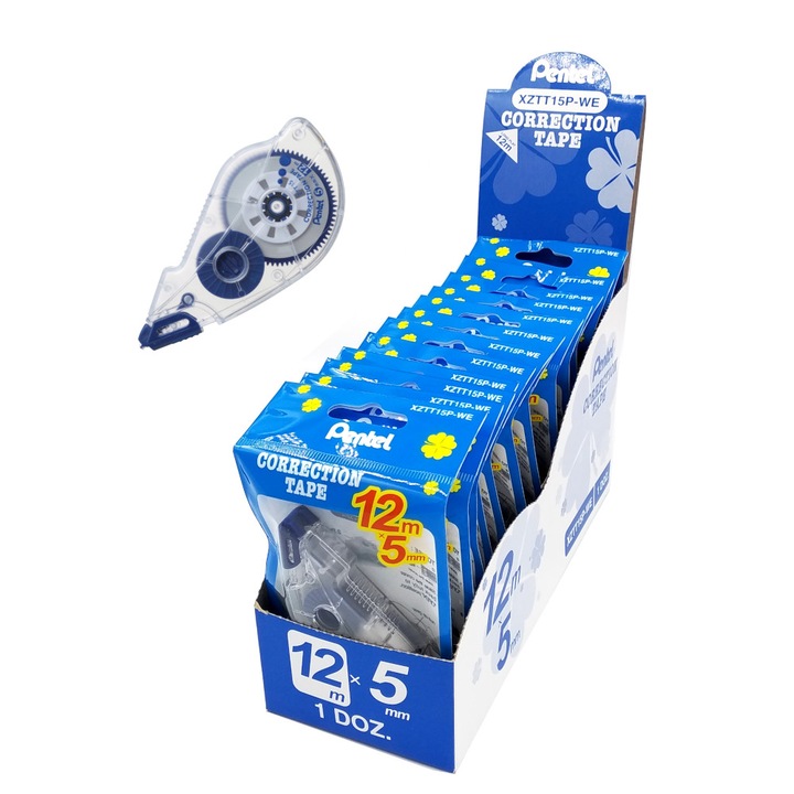 Corector Pentel ZTT15, 12m x 5mm, mecanism de protectie, set 12x
