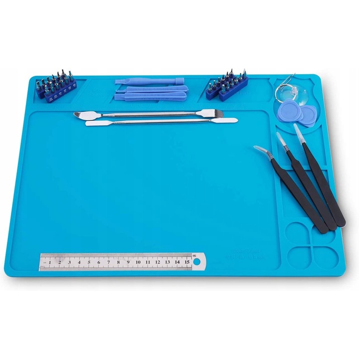 Covoras pentru service, Pixel, silicon, antistatic, pentru lipire, 33x21cm, rezistent la temperaturi ridicate, cu organizatoare pentru suruburi