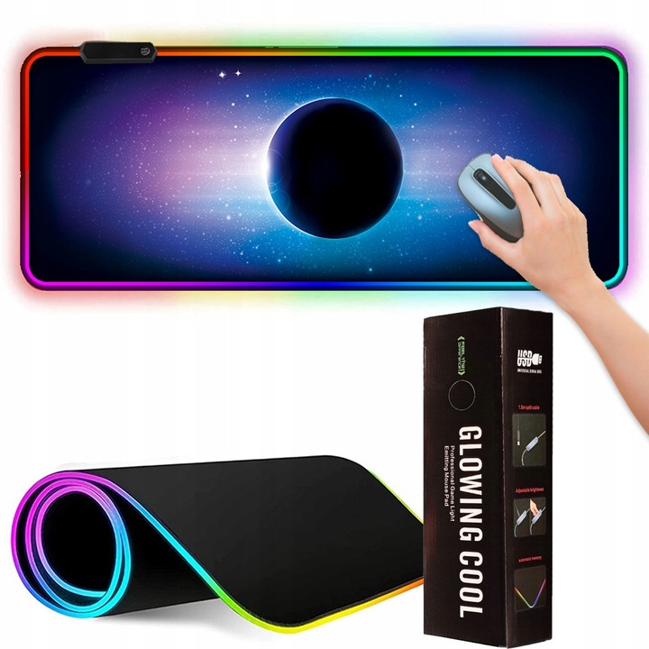 Mousepad gaming, Pixel, XXL, iluminare RGB, negru, 30x80cm, set inclusiv cablu USB