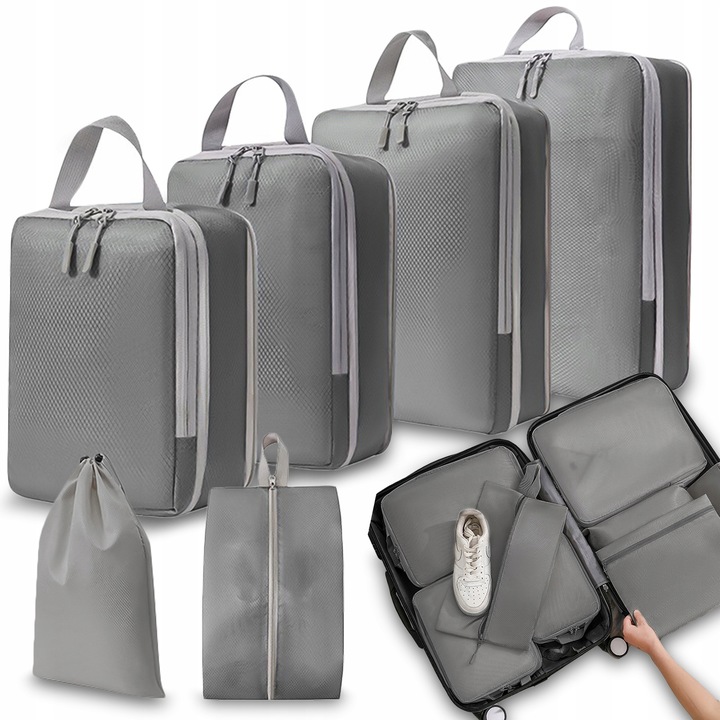 Set 6 organizatoare de calatorie Pixel, gri, dimensiuni variate 24x20x7.5cm - 49x33cm