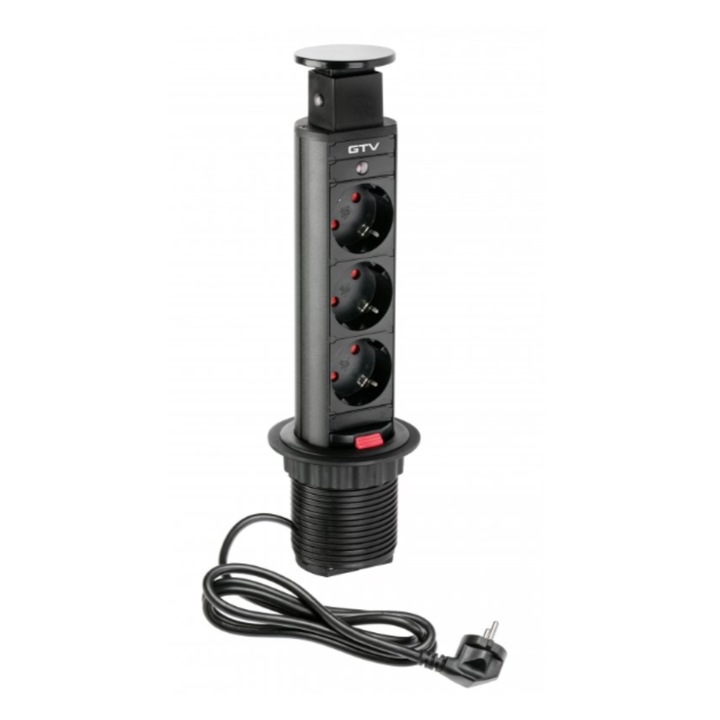 Контакт, Прибиращ се вграден, кръгъл, GTV, диаметър 60 мм, 3 шуко контакта, кабел 1.5, IP20, максимално натоварване 3600 W, черен